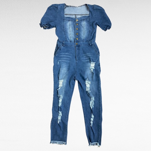 Puff Sleeve Sweetheart Neck Distressed Denim Raw Ankle Jean Overall Jumpsuit - Picture 4 of 10